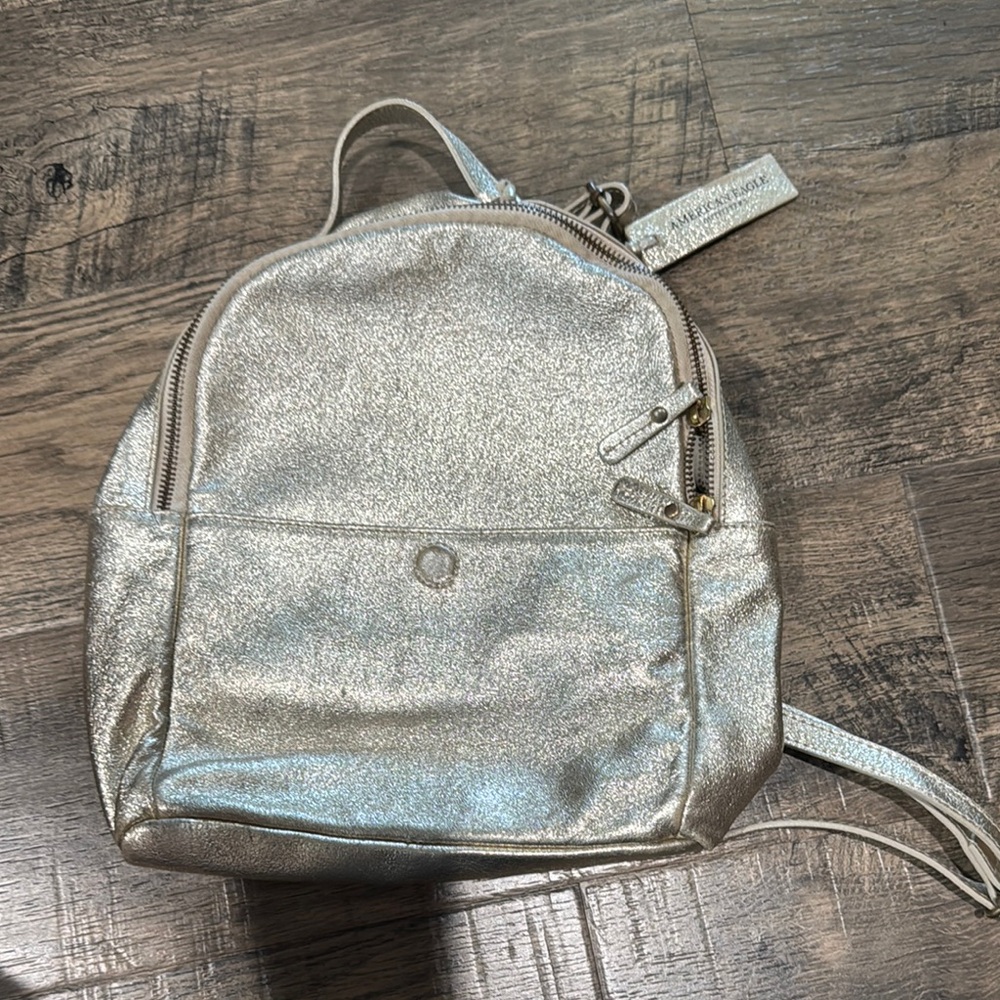 American Eagle Metallic Light Gold Silver Champagne Leather Backpack
